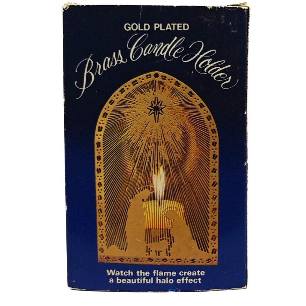 Vintage Gold-Plated Filigree Brass Candle Holder Christmas Nativity Scene Design